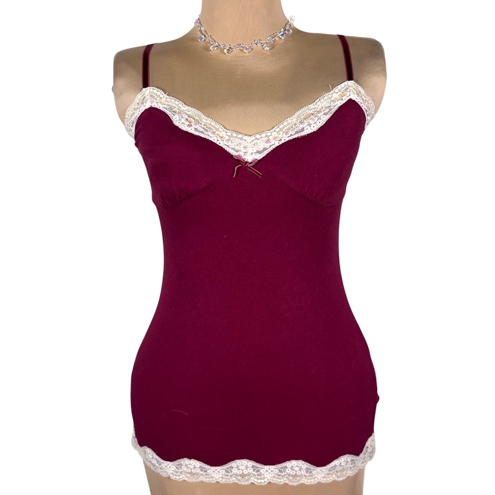 Vtg Y2K Energie Cami Top Small Burgundy Contrast Lace Trim Sequin Coquette Vamp